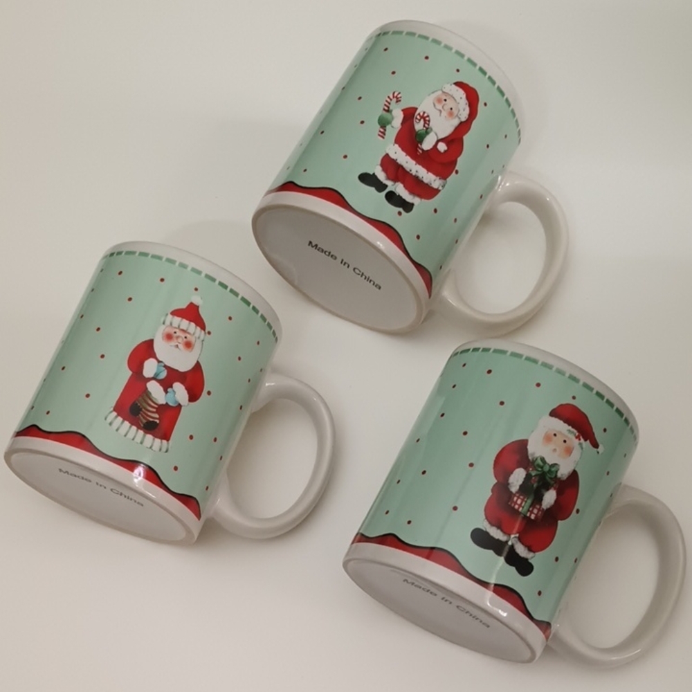 Santa Claus Themed Green And Red Coffee Tea Mugs Set Of 3